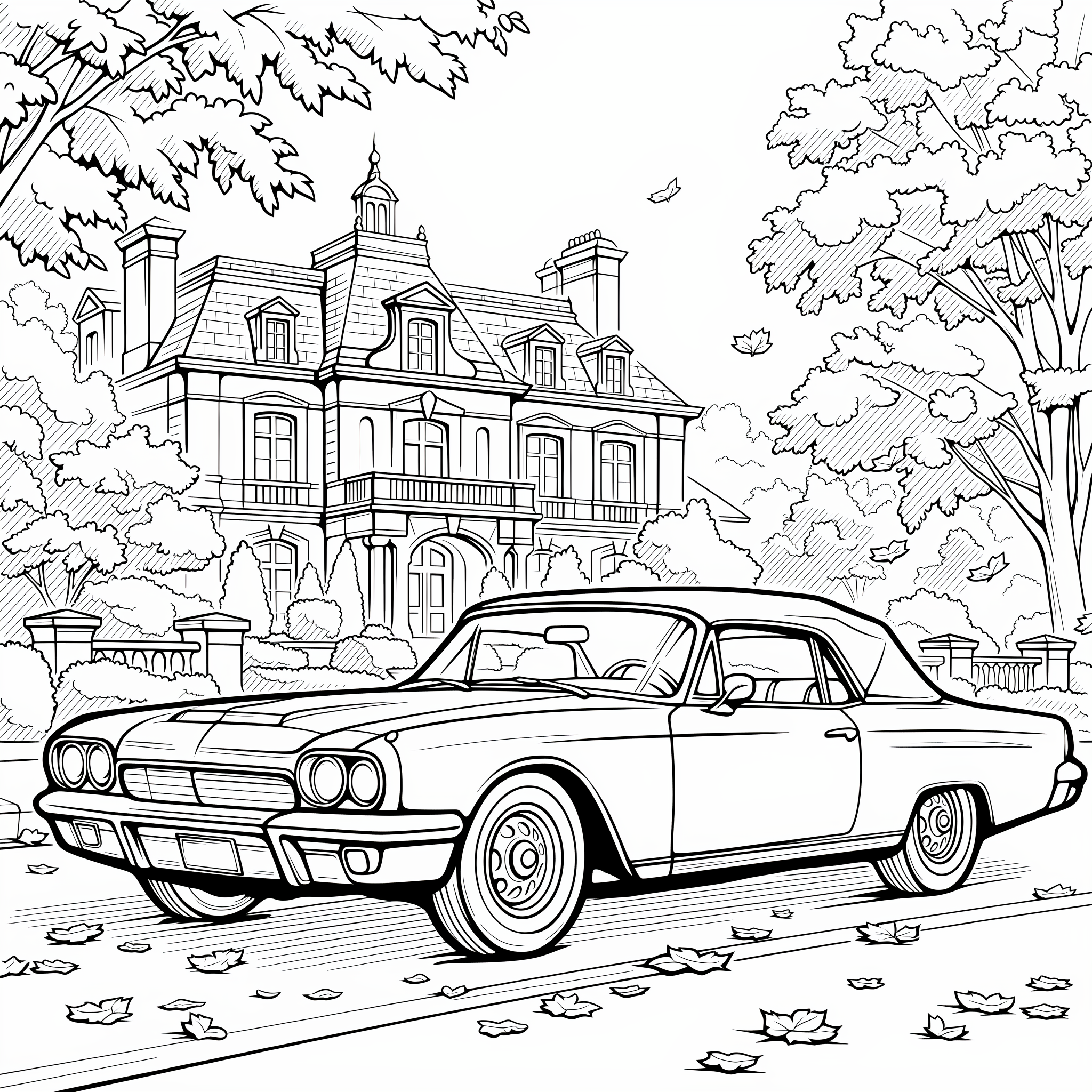 Line drawing of a classic car in front of a house