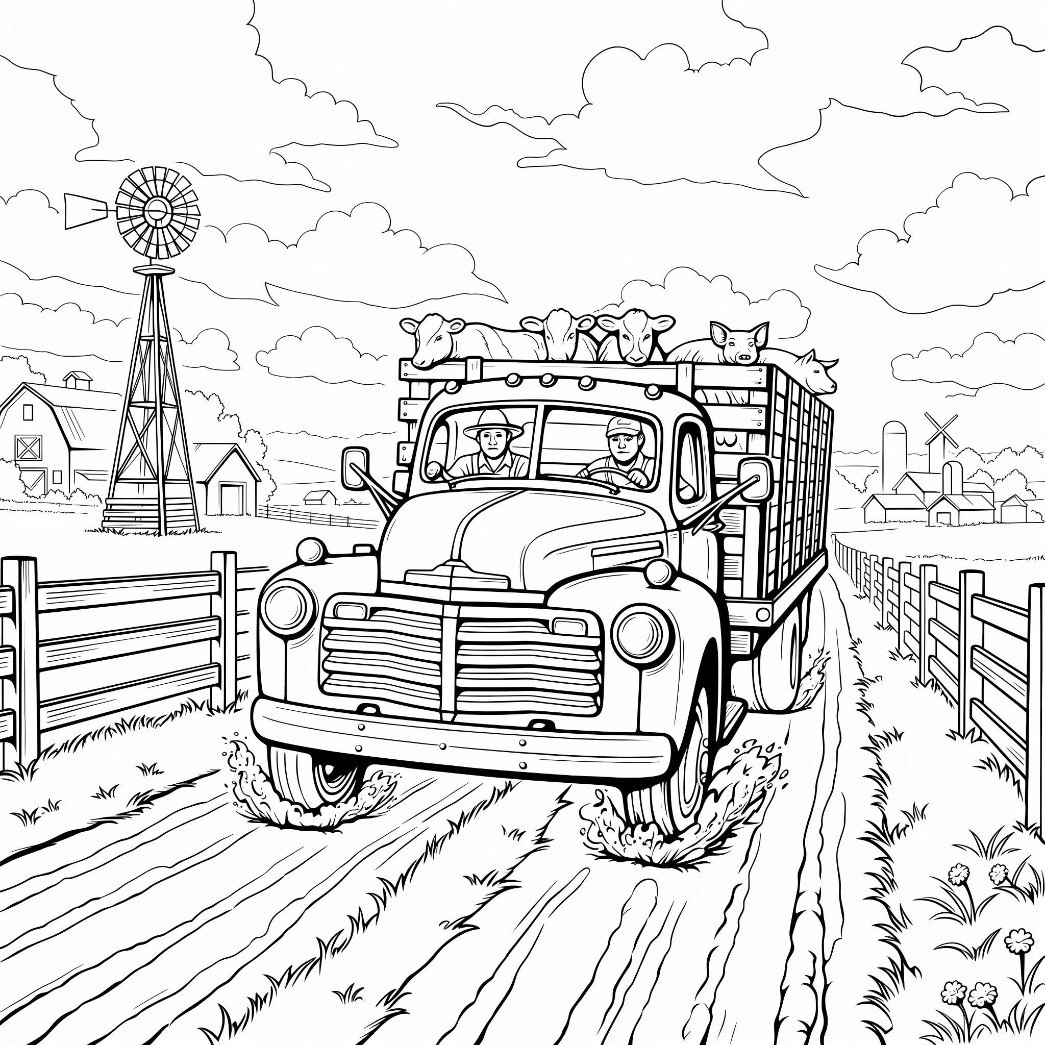 Line drawing of a farm truck on a dirt road