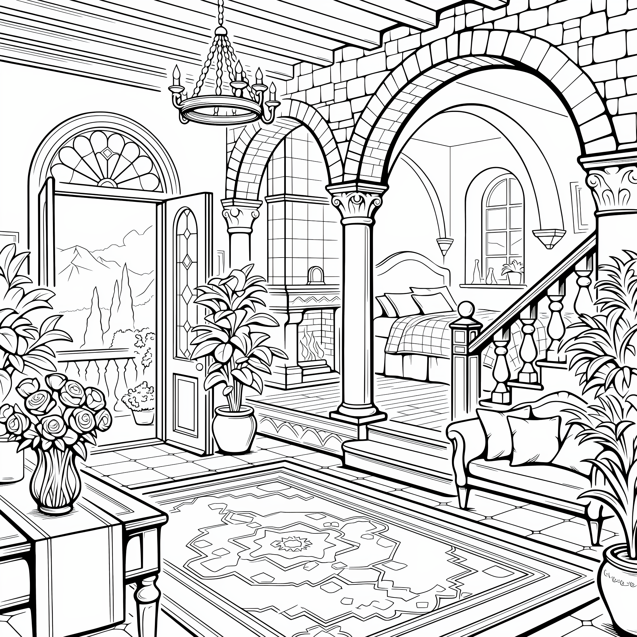 Line drawing of an arched interior with open doors and plants
