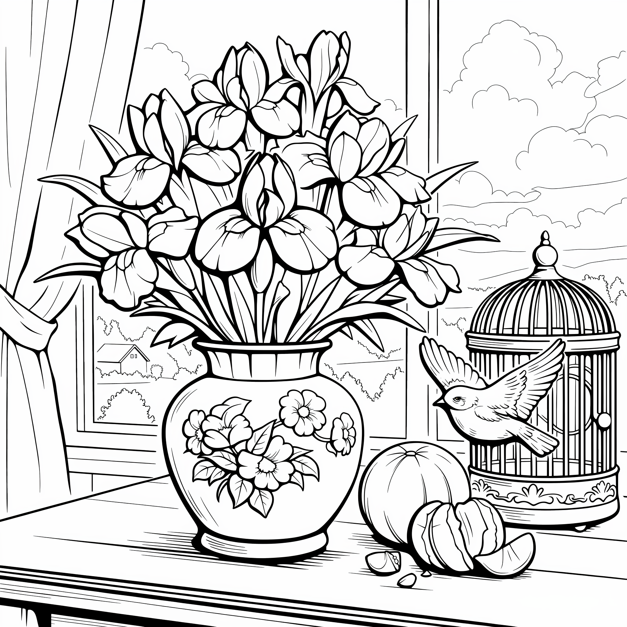 Line drawing of flowers in a vase beside a bird cage